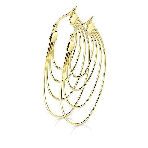 viva-adorno 1 Paar Edelstahl Creolen Damen Ohrringe Oval Rosegold Silber groß Klappcreolen Vierfach Bögen W1a, Gold