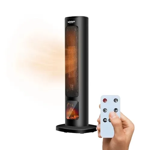 Wintem Elektrischer Heizlüfter Turm 800/2000 W mit Display Kamineffekt und Fernbedienung 60 cm – Ideal für eine sichere Heizung dank automatischer Abschaltfunktion, Schwarz