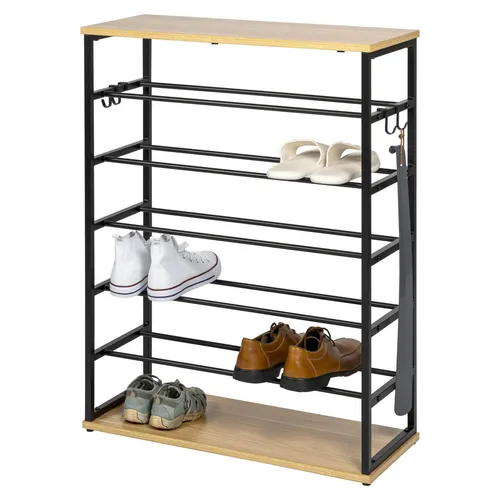 eluno Schuhregal für max. 18 Paar Schuhe, 2 Holzablagen, 4 Haken (schwarz) - Schuhablagen im Industriedesign, platzsparend und mit 4 Haken für praktischen Stauraum. Robustes Metallgestell und FSC-zertifizierte Holzablagen sorgen für Stabilität und Ordnung in Ihrem Zuhause.