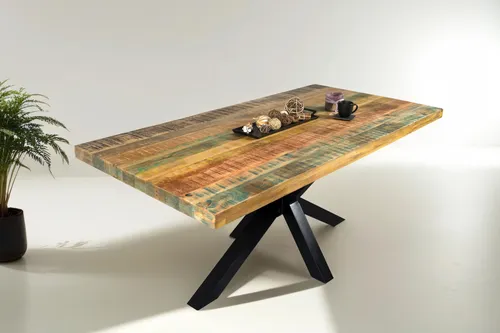 Esstisch 160 x 85 cm Libro, Mangoholz massiv, lackiert & bunt, Esszimmertisch mit Spider-Metallgestell in Schwarz, gerade Kante, Shabby Chic