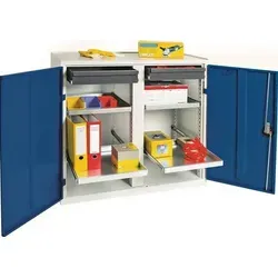 Werkzeug-Beistellschrank H1000xB1000xT500mm mit 2 Schubladen und 4 Böden - Robuster Stahlblechschrank mit widerstandsfähiger Pulverbeschichtung. Ausgestattet mit höhenverstellbaren Fachböden und abschließbarer Flügeltür für maximale Sicherheit und Ordnung.