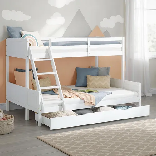 Homestyle4u Kinderbett Etagenbett 90x200 und 140x200 - Betten: Modernes Etagenbett aus massivem Kiefernholz mit praktischen Stauraum durch großen Bettkasten und flexibler Leiteranordnung für optimale Anpassung an Ihr Kinderzimmer.