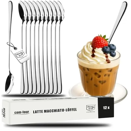com-four® 12x Latte Macchiato-Löffel aus Edelstahl - Barlöffel - Longdrinklöffel - Lange Löffel für Kaffe-Spezialitäten - Eislöffel - Cocktaillöffel (12 Stück - 20.5cm)
