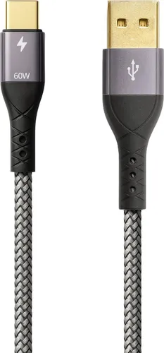ProfiPatch USB A auf USB C Kabel 60W QC 3A 3m grau Goldkontakt Textil USB Datenkabel, Schnellladekabel für Notebooks, Laptops und Handys