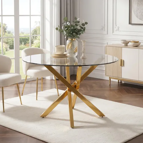 MODFU Runder Esstisch 80 cm – Eleganter Küchentisch mit Glasplatte und goldenen Beinen