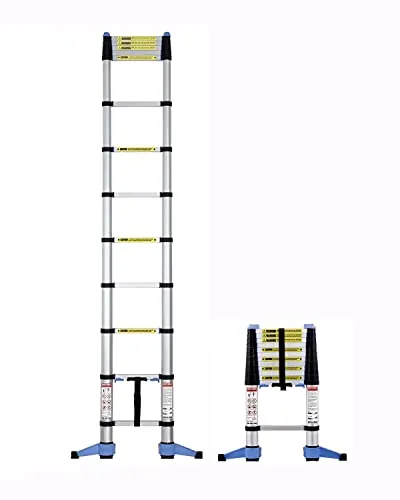 Teleskopleiter, 3,2 m, Soft-Close, hohe ausziehbare Trittleiter, 11 Stufen, kompaktes Design, zusammenklappbare Stabilisatorstange und Wandständer, Aluminium, 150 kg Kapazität, Silber/Schwarz, EN131-6