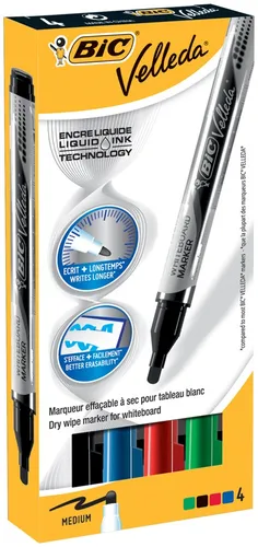 BIC Velleda Liquid Ink - Whiteboard Marker in 4 Farben, leicht abwischbar und geruchsarm, ideal für Schule und Büro