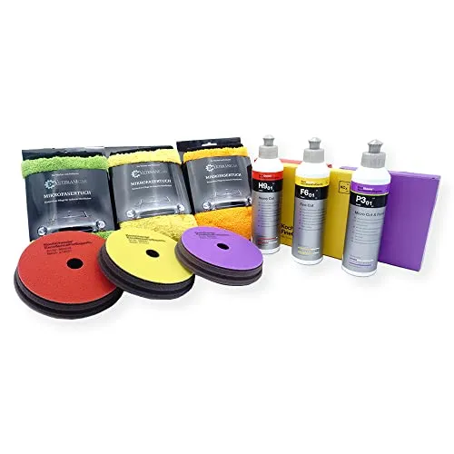 Koch Chemie Autopolitur Set 9-Teilig mit Mikrofasertüchern - Autopflege & Motorradpflege - Umfassendes Set für die professionelle Lackaufbereitung, inklusive innovativer Polituren und hochflorigen Mikrofasertüchern für ein kratzfreies Finish.