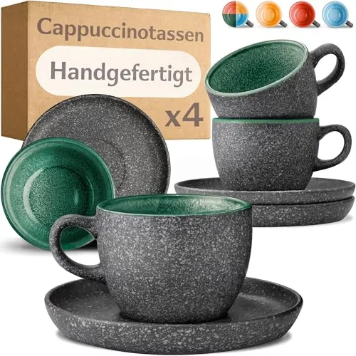 Cosumy Cappuccino Tassen Set - 4 handgefertigte Keramiktassen mit Untertassen - Cappuccinotassen Set aus dickwandigem Steingut, ideal für Kaffeeliebhaber. Jede Tasse ist ein Unikat dank reaktiver Glasur. Hält Getränke länger warm und ist mikrowellen- sowie spülmaschinengeeignet.