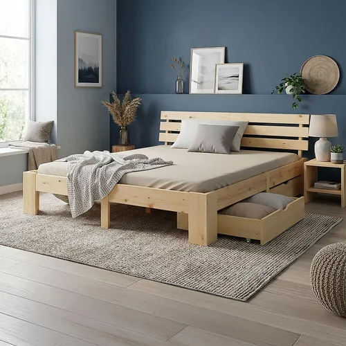 Homestyle4u Holzbett 180x200 mit 2 Schubladen - Stilvolles Doppelbett in 180×200 cm aus naturbelassenem Kiefernholz. Mit zwei praktischen Bettkästen für zusätzlichen Stauraum und zwei komfortablen Matratzen für erholsamen Schlaf.