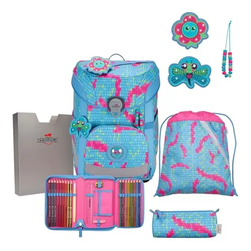 DerDieDas Schulranzen Set ErgoFlex Easy Set Happy Pixel - komfortabler und individueller Schulranzen, inklusive 2 Wechselbuttons, Sportbeutel und befülltem Schüleretui