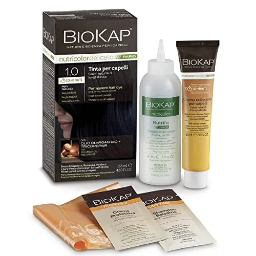 BIOKAP RAPID Permanente Haarfarbe 1.0 Naturschwarz | NUR 10 MINUTEN EINWIRKZEIT | Bio Arganöl - TricoREPAIR Komplex - VEGAN | Optimale Grauabdeckung | Bis zu 80% natürliche Inhaltsstoffe