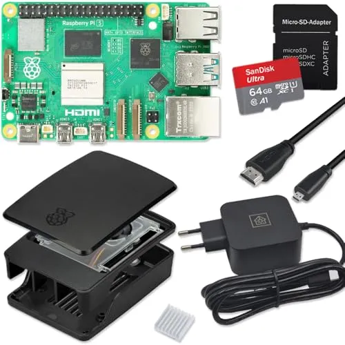 Raspberry Pi 5 8GB Starter-Kit schwarz | USB-C 27W Netzteil | Gehäuse mit Lüfter | 64GB SD Karte | 4K Micro HDMI Kabel | Raspberry Pi 5 8GB RAM