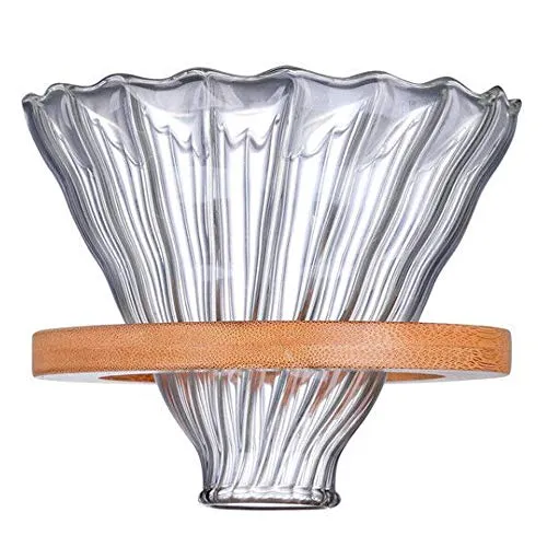 TAMUME 12cm Glas Kaffee-Tropfer mit Holzstütze Kaffeefilter Kaffeebereiter Glas (Helles Holz)