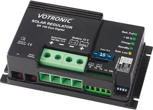 VOTRONIC SR 140 Duo Digital Solar-Laderegler - Solarladeregler mit Dual-Display für präzise Ladekontrolle, kompakte Maße von 131 x 77 x 40mm, ideal für Wohnmobile und Boote.