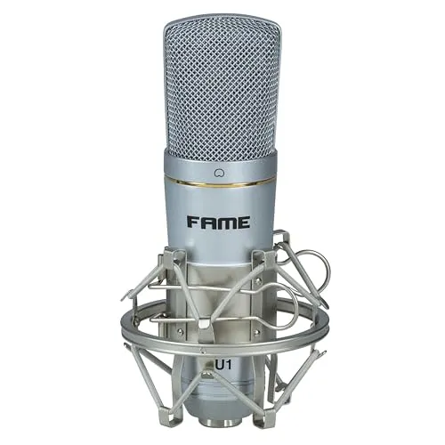 Fame Audio Studio CU1 USB Mikrofon - Professionelles USB Kondensatormikrofon mit Nierencharakteristik für Podcasting und Streaming, inklusive Zubehör wie Spinne und Kabel.