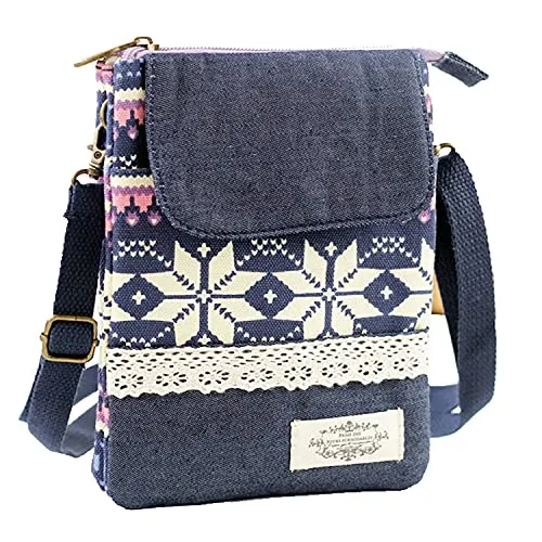 Kleine Stoff-Umhängetasche Schultertasche Kosmetiktasche Handytasche für Damen Jugendliche Baumwolle Boho Chic Style Indio Ethno Patchwork Look mit Spitze (Lila Zipper)