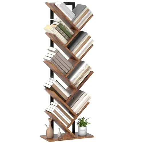 Bücherregal im Baumdesign - Rustikal Braun mit 9 Ebenen - Regale & Aufbewahrung: Schmal und platzsparend, ideal für Bücher und Medien, an der Wand montierbar für zusätzlichen Raum.