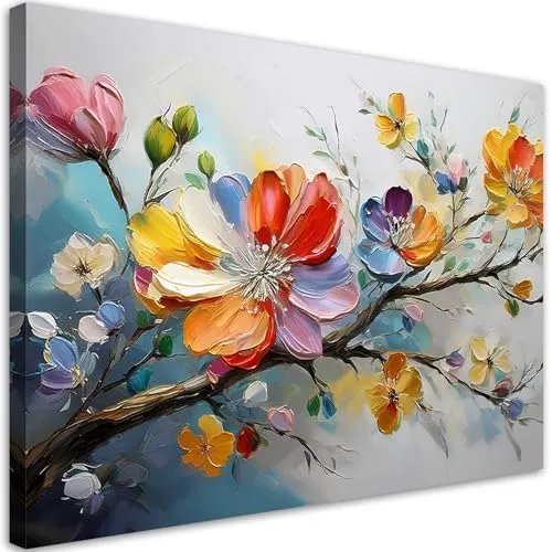 Feeby Leinwandbilder - Deko Bilder - Bunte Blumen Abstrakt - Canvas 60x40 cm 1tlg- Wandbilder Schlafzimmer - Aesthetic Room Decor - Modern Wanddeko - Bild auf Leinwand - Fertig Gespannd