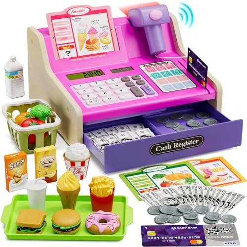 HYES Kinder Kasse Holzkasse mit Sound, Spielkasse Kaufladen Spielzeug mit Spielgeld/Münzen/Kreditkarte/Einkaufskorb, Geschenk für Jungen Mädchen, Rosa