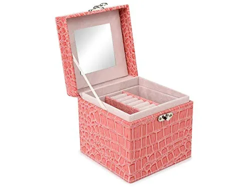 Bingo-Shop Schmuckkasten Damen Schmuckkästchen Reise-Schatulle Schmuckkoffer mit Spiegel für Frauen Schmuck-Organizer Abschließbar Reise-Box für Halskette Ohrringe Armbänder Ringe Uhren Rosa