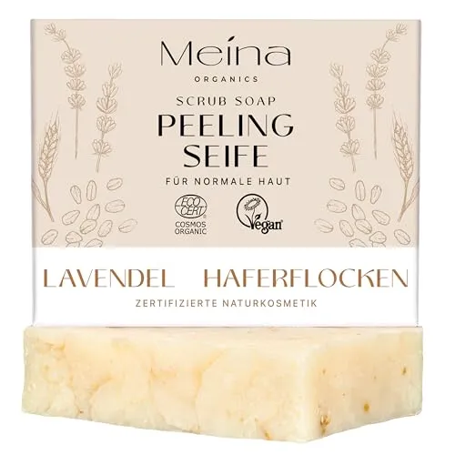 Meina Bio Peeling Seife mit Lavendel und Haferflocken, 100% Natürlich, Zertifizierte Naturkosmetik, Naturseife ohne Palmöl, Vegan, Handgemacht, Wie ein festes Duschgel, Oatmeal Scrub Soap, 100g