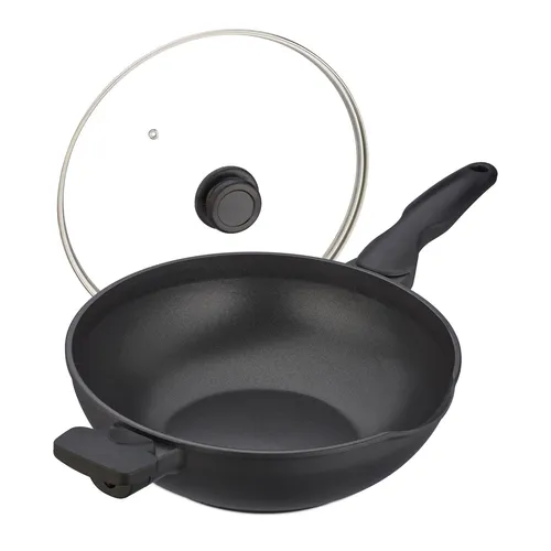 Ergonomische Wokpfanne mit Deckel - Wok für asiatisches Kochen, leichtes Aluminium mit Antihaftbeschichtung, ideal für müheloses Braten und Dampfen.