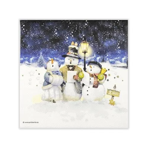 Servietten Weihnachten Singende Schneemänner am Abend als Tischdeko. Papierservietten mit Motiv. Auch für Decoupage und Serviettentechnik 33x33cm 20
