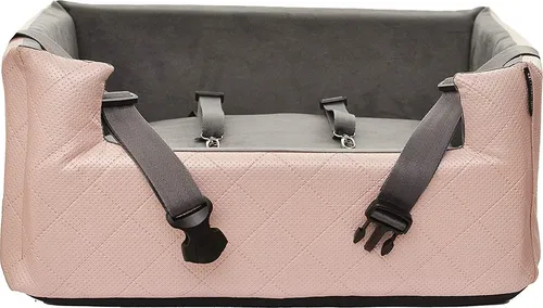 BoutiqueZOO Hundesitz Auto L 57x50x25 cm | r Autositz für Hunde & Katzen | Kunstleder | Mit Kissen & Leinen | Rosa Metallic