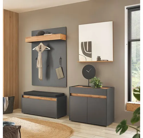 Lomadox Garderoben-Set CRISP-61 - Garderoben-Set in Anthrazit mit Wotan Eiche Nb., inklusive Paneel, Schuhbank, Spiegel und Kommode. Griffloses Design für eine moderne Optik und einfache Handhabung.