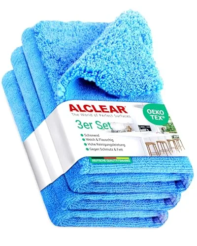 ALCLEAR 820203K_3 Mikrofasertücher 3er Set 40x40 cm – für Hochglanzküche, Möbelfronten, Lack, Kunststoff, Glas, fusselfrei, streifenfrei, ultraschallgeschnitten, nebelfeucht nutzbar, waschbar 60° C
