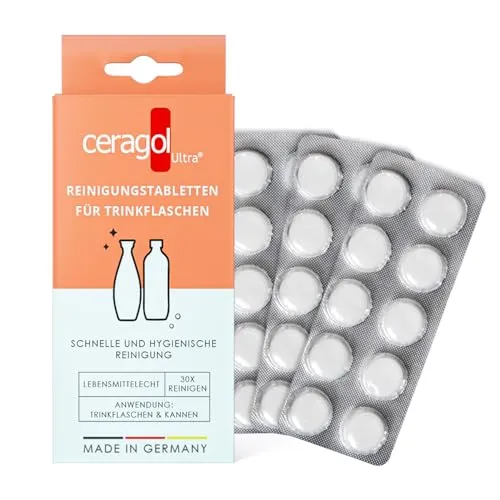 ceragol ultra Trinkflaschen-Reiniger, 30 Tabs – Reinigungstabletten für Flaschen, Trinkblasen, Kannen, Shaker – Hochwirksames Reinigungsmittel