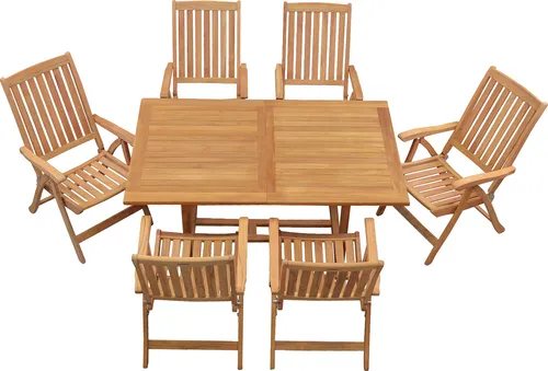Kai Wiechmann Teak Garten-Essgruppe 7-tlg. mit Ausziehtisch - Exklusive Essgruppe aus 6 Hochlehnern und einem wetterfesten Ausziehtisch, ideal für gesellige Abende im Freien. Genießen Sie Komfort und Stil mit diesem nachhaltigen Teakholzset.