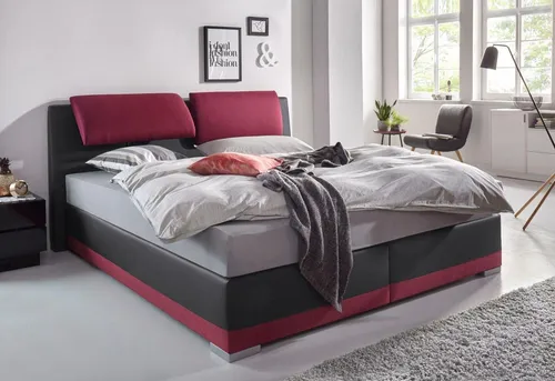 Boxspringbett MAINTAL, rot/schwarz - Komfort und Stil vereint - Betten: Luxuriöses Boxspringbett mit 7-Zonen-Kaltschaummatratze und verstellbarer Kopfstütze für optimalen Schlafkomfort. Made in Germany, ideal für erholsame Nächte.