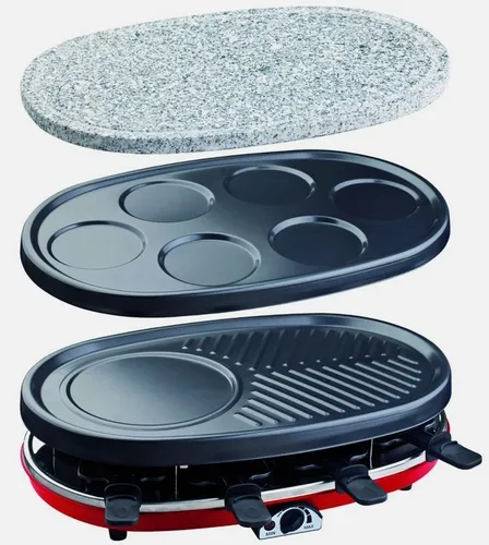 H.Koenig RP418 Raclette-Gerät 4 in 1 - 8 Personen Raclette, Natursteingrill, Crepe-Platte und Grillplatte, 1500 W für gesellige Abende mit Freunden und Familie