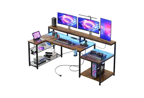 Bestier Gamingtisch 181 x 80 cm Computertisch, L-förmiger Schreibtisch (Gaming Tisch mit 3 AC-Steckdosen und 2 USB-Ladeanschlüssen, Tablett mit Ständer), Extra großer Computertisch mit großzügiger Monitorablage