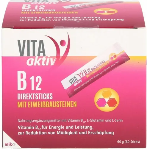 Vita Aktiv B12 Direktsticks mit Eiweissbausteinen - Nahrungsergänzungsmittel mit 500 μg Vitamin B12, L-Glutamin und L-Serin. Ideal zur Unterstützung von Energie, Immunsystem und Nervenfunktion. Einfach einzunehmen ohne Wasser!