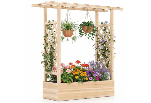 COSTWAY Blumenkasten mit Rankgitter für Kletterpflanzen - Verschönern Sie Ihren Außenbereich mit diesem robusten Hochbeet aus Fichtenholz. Es bietet Platz für Kletterpflanzen und sorgt durch Ablauflöcher für optimale Wurzelbelüftung. Ideal für Terrasse, Balkon oder Garten.