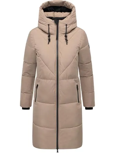 Navahoo Damen Langer Wintermantel warmer Steppmantel mit großer Kapuze und Fleece-gefütterten Kragen Kältekuschel XIV Taupe Grey Gr. 3XL