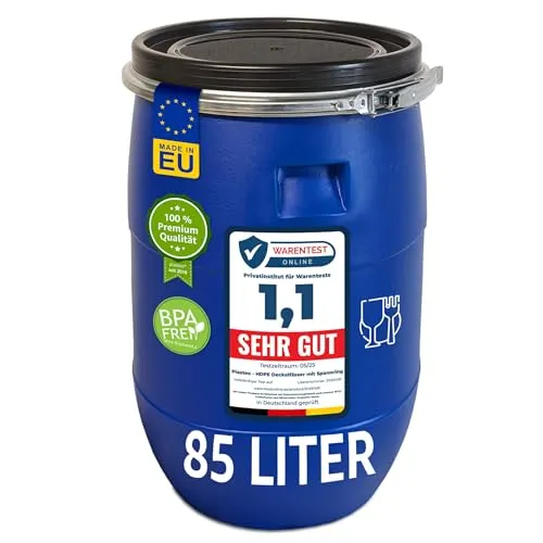 plasteo® 85 Liter Weithalsfass mit Deckel und Spannring, Lebensmittelecht BPA-Frei, Futtertonne Kunststofffass Universalfass Deckelfass Wasserfass Lagerfass Sauerkrautfass, Stabile Griffmulden, Blau