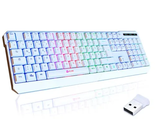 KLIM Chroma Wireless Gaming Tastatur - Ergonomisch, Wasserdicht, RGB, QWERTZ DEUTSCH - Gaming Tastatur mit extrem kurzer Reaktionszeit, leisen Tastenanschlägen und 10 Millionen Anschlägen Lebensdauer. Ideal für PC, PS4, PS5 und Mac.