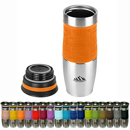 Luckyberg Vakuum-isolierter Reisebecher, Thermoskanne, einhändig offen zum Trinken, doppelwandig und auslaufsicher für heißes und kaltes Getränk (Orange, 480 ml)