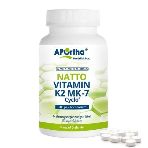 Aportha Vitamin K2-MK7 200 µg Tabletten - Hochdosierte Unterstützung für starke Knochen - Vitamin K Nahrungsergänzungsmittel, 200 µg pro Tablette, fördert die Knochengesundheit, gluten- und laktosefrei, vegan, ideal für eine gesunde Ernährung.