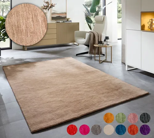 THEKO Wollteppich Holi - Handgewebt aus reiner Wolle, Beige - Teppich in rechteckiger Form (90 cm x 160 cm), handgewebt aus 100% Schurwolle, wärmeisolierend und fußbodenheizungsgeeignet für eine gemütliche Wohnatmosphäre.