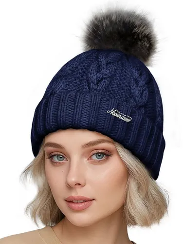 Neverless Strickmütze Damen Strickmütze Zopfstrickmuster Bommelmütze gefüttert mit Fleece