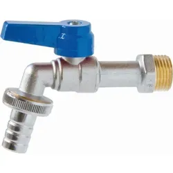 Kugelauslaufventil 1/2 Zoll mit Schlauchanschluss 2301, matt verchromt, Griff blau