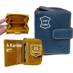 Echtleder Damenbörse in Blau - Stilvolles Design - Elegante Damenbörse aus hochwertigem Echtleder, perfekt für die Organisation Ihrer Finanzen. Mit 6 Kartenfächern und einem doppelten Kleingeldfach bietet sie viel Platz bei kompakten Maßen von 11,5x8,5x3 cm.
