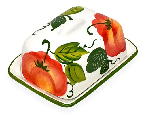 Lashuma Handgemachte Butterdose Tomate aus Italien - Butterdose aus italienischer Keramik, handgefertigt mit bunten Tomatenmotiven. Hält Ihre Butter frisch und verleiht Ihrer Küche mediterranes Flair.