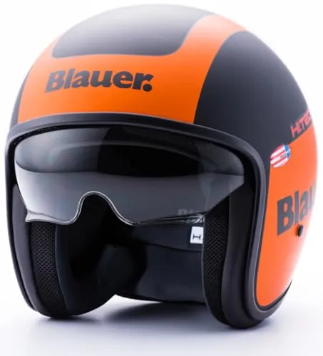 BLAUER PILOT 1.1 H.T. L BLACK-ORANGE MATT - Motorradhelm mit Fiberglas-Außenschale, ECE2205-Zulassung und kratzfestem Sonnenvisier. Ideal für Sicherheit und Komfort dank antibakteriellem Innenmaterial und waschbarem Futter.