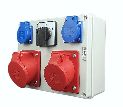 RoadEu - Steckdosenverteiler - CEE 32A und 16A Steckdose mit Schalter und Schuko 230V - Stromverteiler mit Hauptschalter 0-1. Starkstrom Verteiler mit CEE Steckdose 16A 32A. Europäische Komponenten